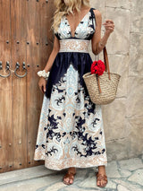 SHEIN Chiquease Women's Vacation Beach Deep V Halter Tie Neck Backless Retro Print Dress