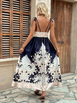 SHEIN Chiquease Women's Vacation Beach Deep V Halter Tie Neck Backless Retro Print Dress