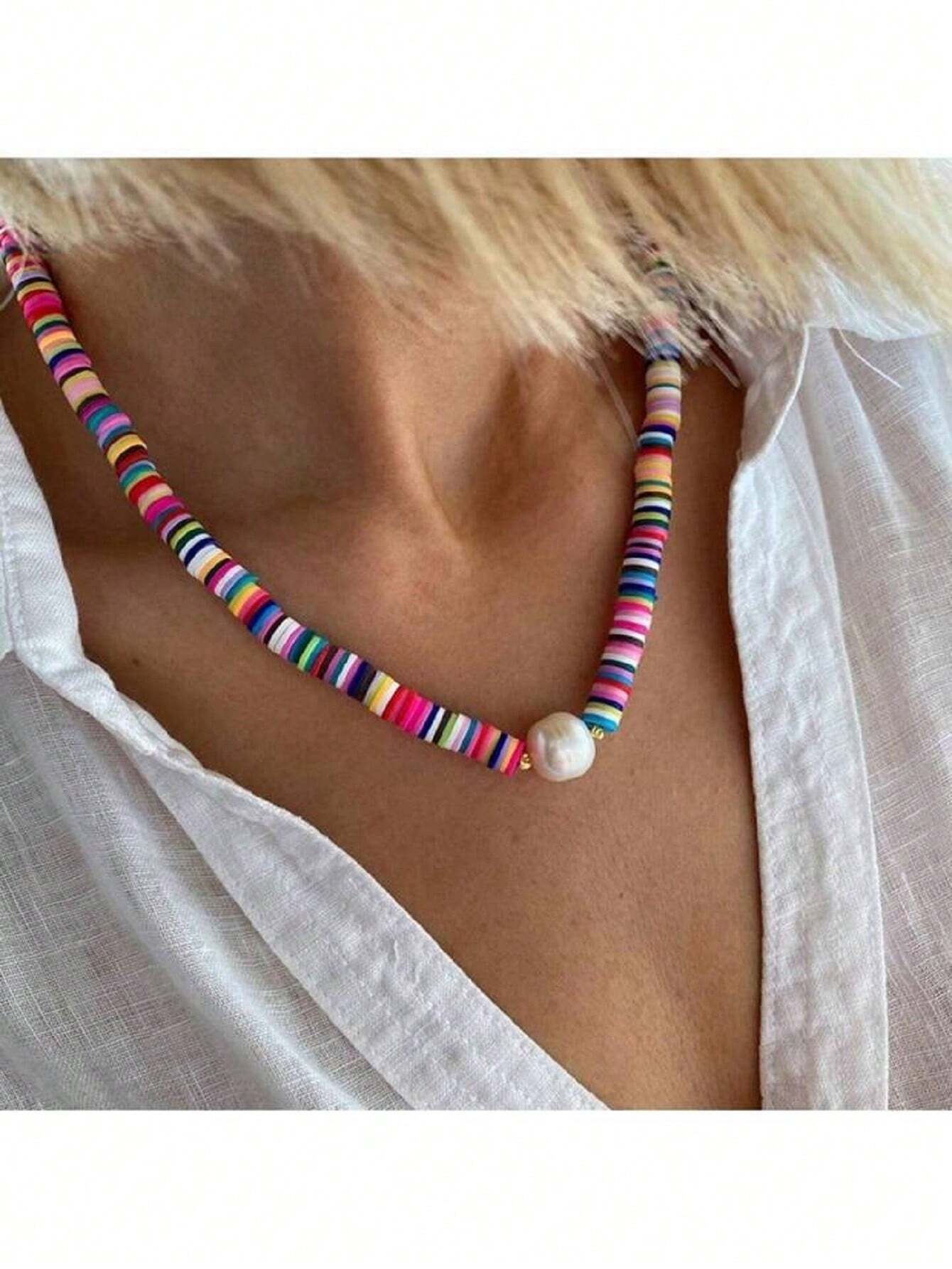 SHEIN 1PCS Colorful Soft Clay Necklace, Pearl Necklace