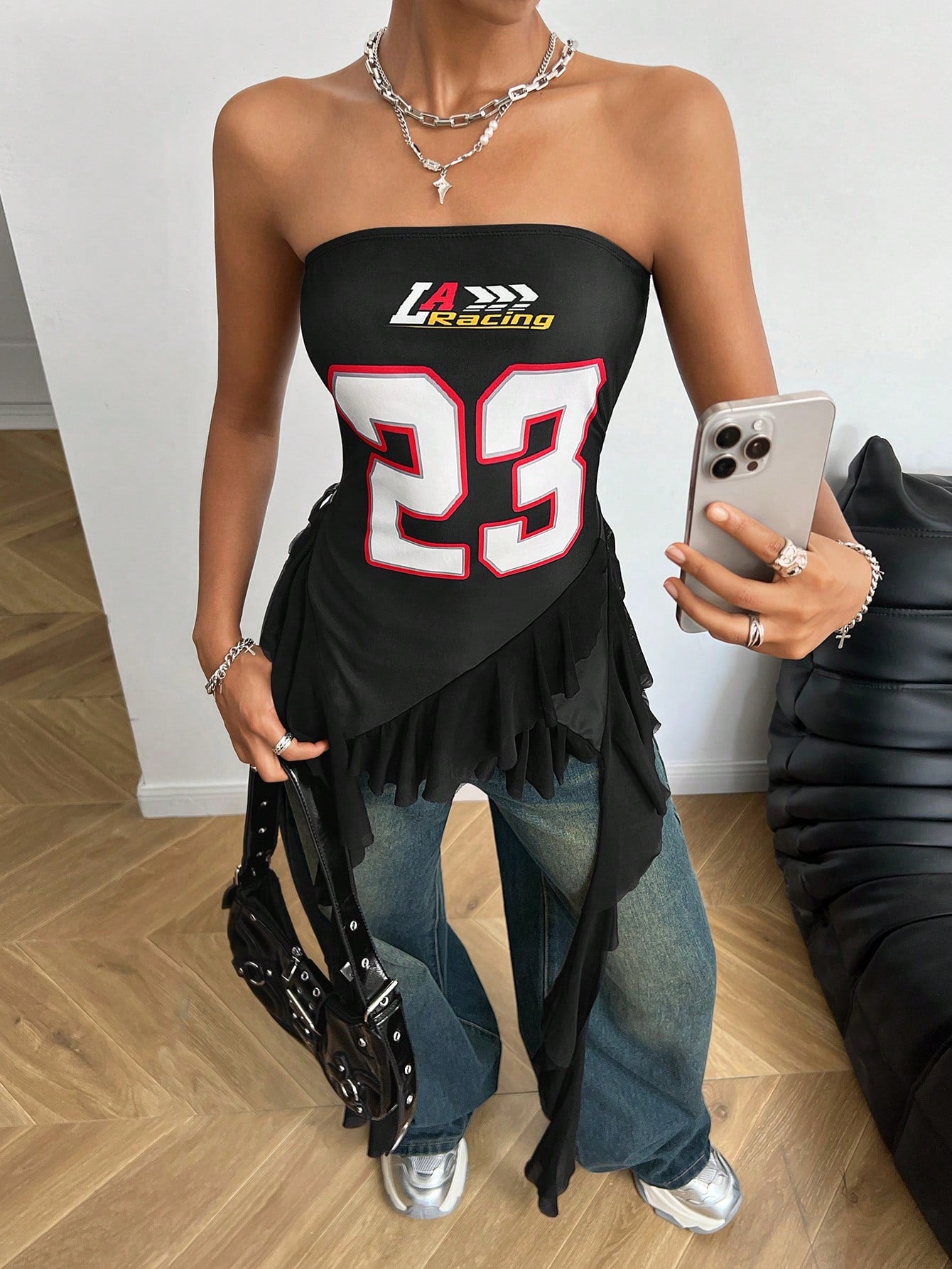 SHEIN Coolane Women's Summer Streetwear Casual Sport Ricing Game Day Number Pattern Number Pattern Black Off The Shoulder Ruffle Tube Top