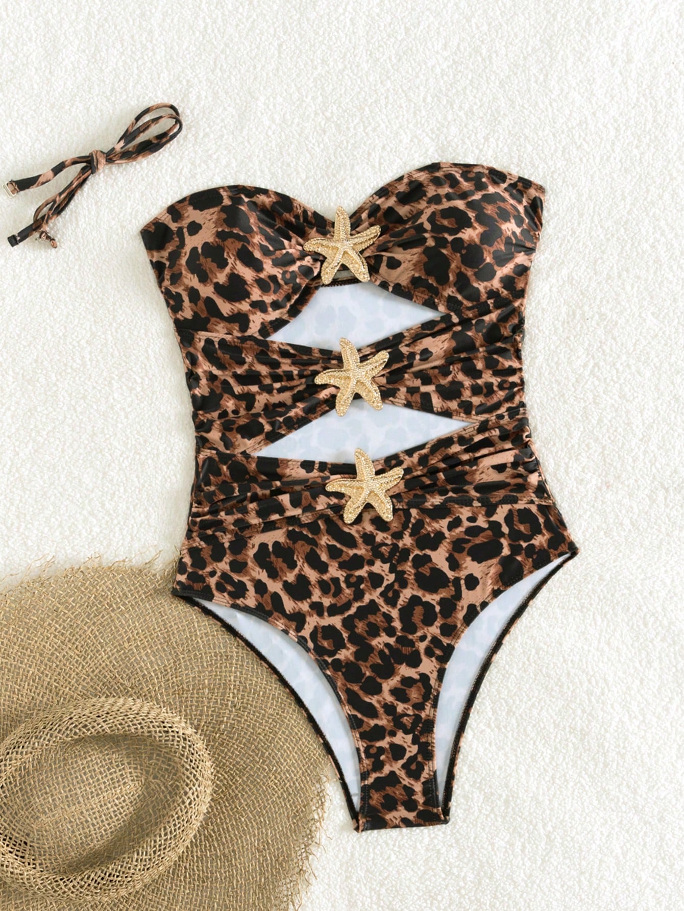 SHEIN Costavie Women Summer Brown Leopard Print One-Piece Swimsuit,Elegant Gold Starfish Backless Bathing Suit For Beach