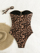SHEIN Costavie Women Summer Brown Leopard Print One-Piece Swimsuit,Elegant Gold Starfish Backless Bathing Suit For Beach