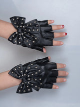 SHEIN Black Rivet Bow Decor PU Leather Gloves