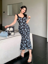 SHEIN DAZY Hollow Lace Patchwork Full Ditsy Floral Chiffon Spaghetti Strap Fishtail Dress