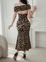 SHEIN DAZY Leopard Print Asymmetric Design Mid-Length Dress For Women Elegant