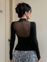 SHEIN DAZY Women's Black Mesh Patchwork Backless Fitted Turtleneck Long Sleeve T-Shirt - view 2