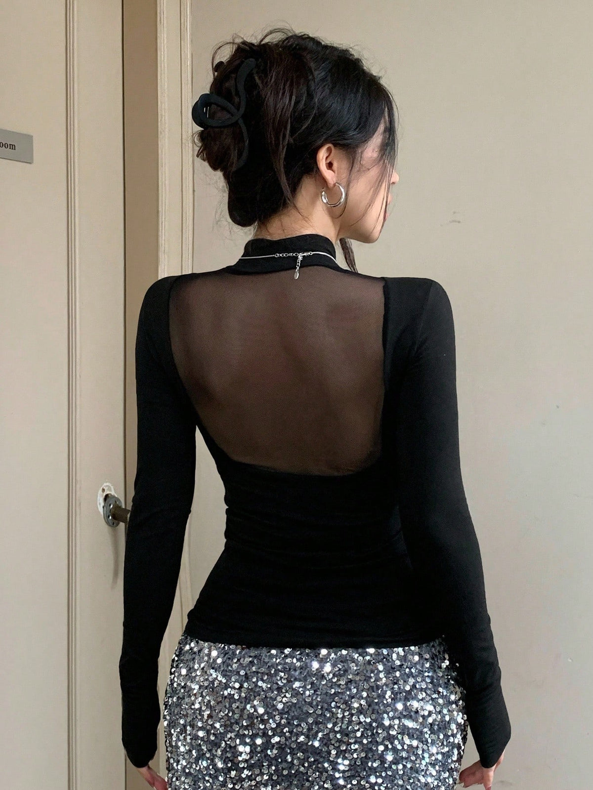 SHEIN DAZY Women's Black Mesh Patchwork Backless Fitted Turtleneck Long Sleeve T-Shirt - view 2