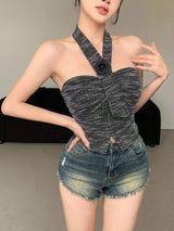 SHEIN DAZY Women's Elegant Halter Neck 3D Floral Top, Summer Halter Top Going Out Tops Dark Grey