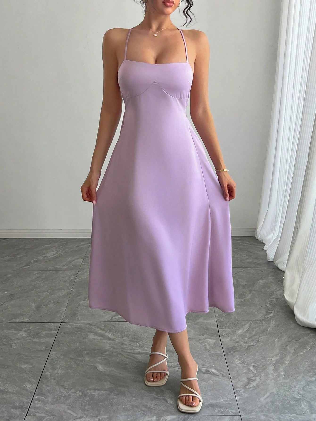 SHEIN DAZY Women's Elegant Sexy Crisscross Back Spaghetti Strap Dress Summer Prom Dress