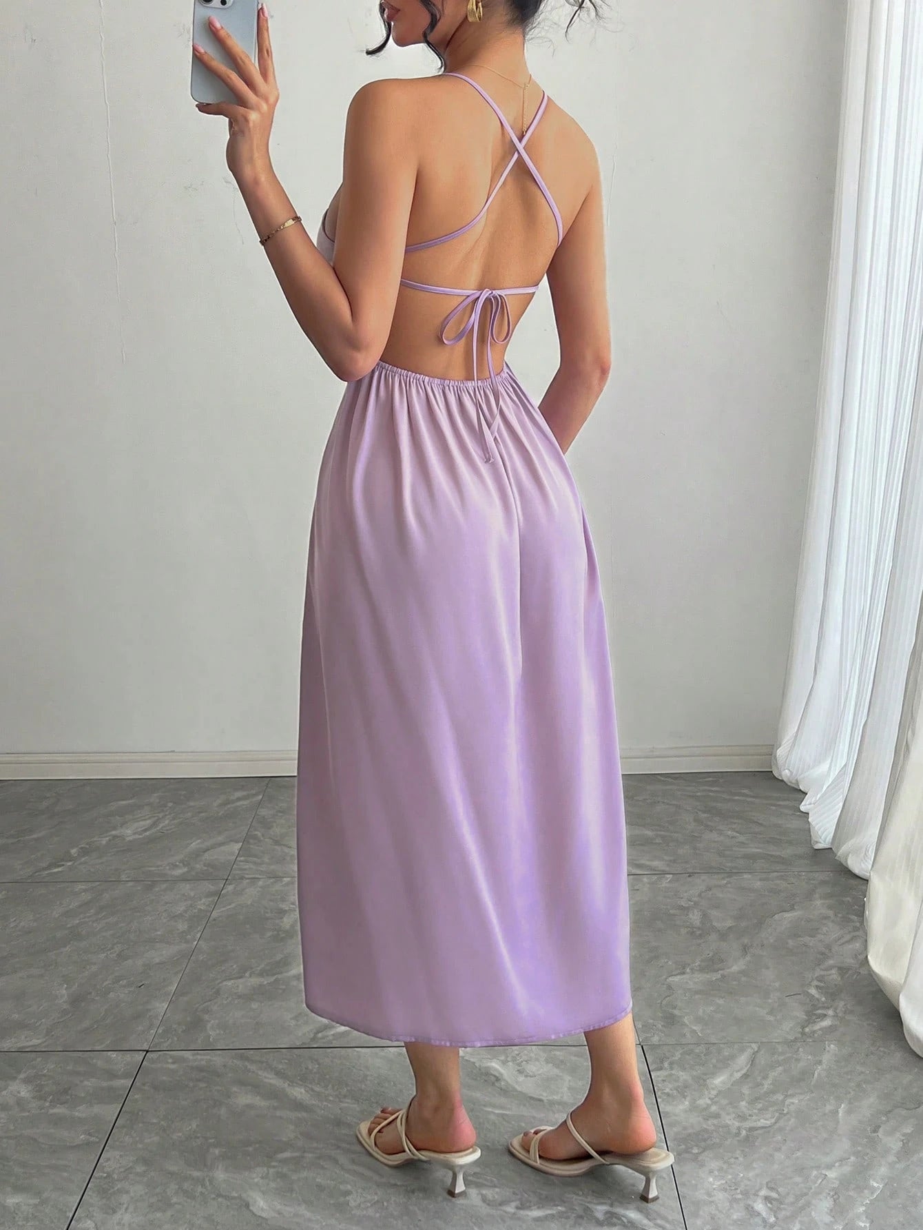 SHEIN DAZY Women's Elegant Sexy Crisscross Back Spaghetti Strap Dress Summer Prom Dress