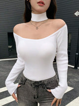 DAZY Women's Open Shoulder Fitted Sweater, Autumn New Arrival