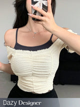 SHEIN Dazy Designer Women's Color Block Texture Fabric Fitted Short Sleeve T-Shirt With Pleated Design