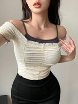 SHEIN Dazy Designer Women's Color Block Texture Fabric Fitted Short Sleeve T-Shirt With Pleated Design