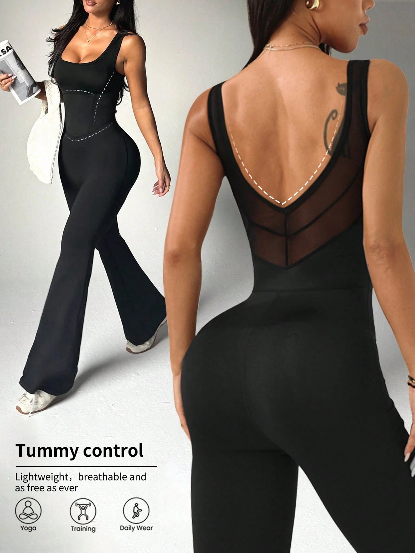 Black jumpsuit with open back design worn by a model on a gray background