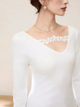 SHEIN EastFlair Women's Elegant Long Sleeve Fitted T-Shirt With Floral Applique