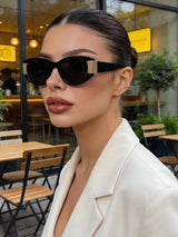 Elegant Casual Black Sunglasses For Women, Retro Oval Cat Eye Plastic Frame, Classic Design