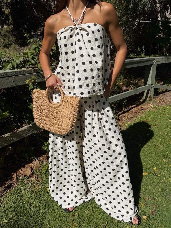 Elegant Women's Polka Dot 2-Piece Set, Open Shoulder Wrap Top Paired With Wide-Leg Pants, Summer Bohemian Style, Non-Stretch Fabric White
