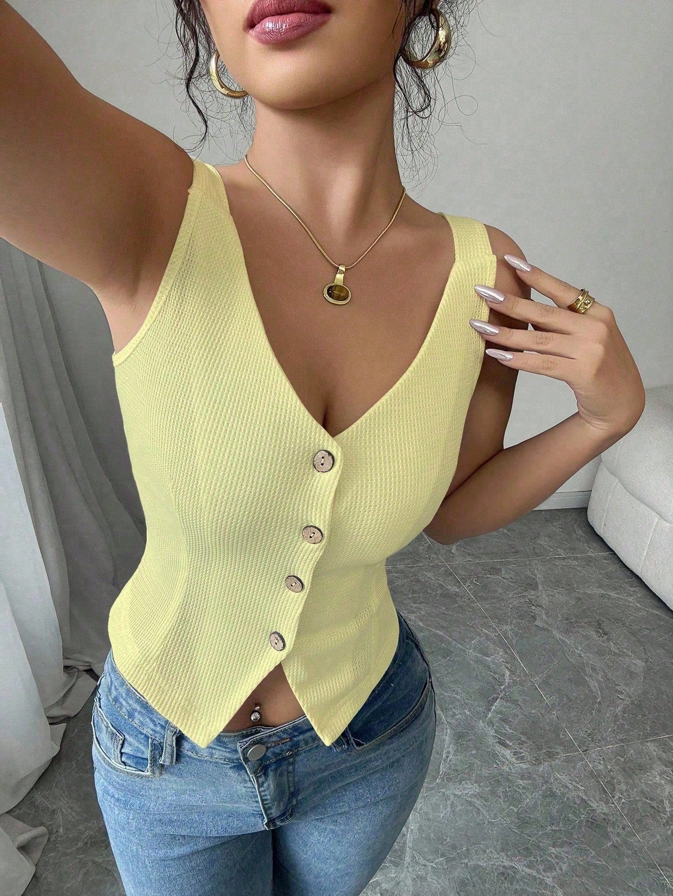 SHEIN Elenzga 2025 Spring & Summer New Fashion Casual Slim Fit V-Neck Sling Tank Top