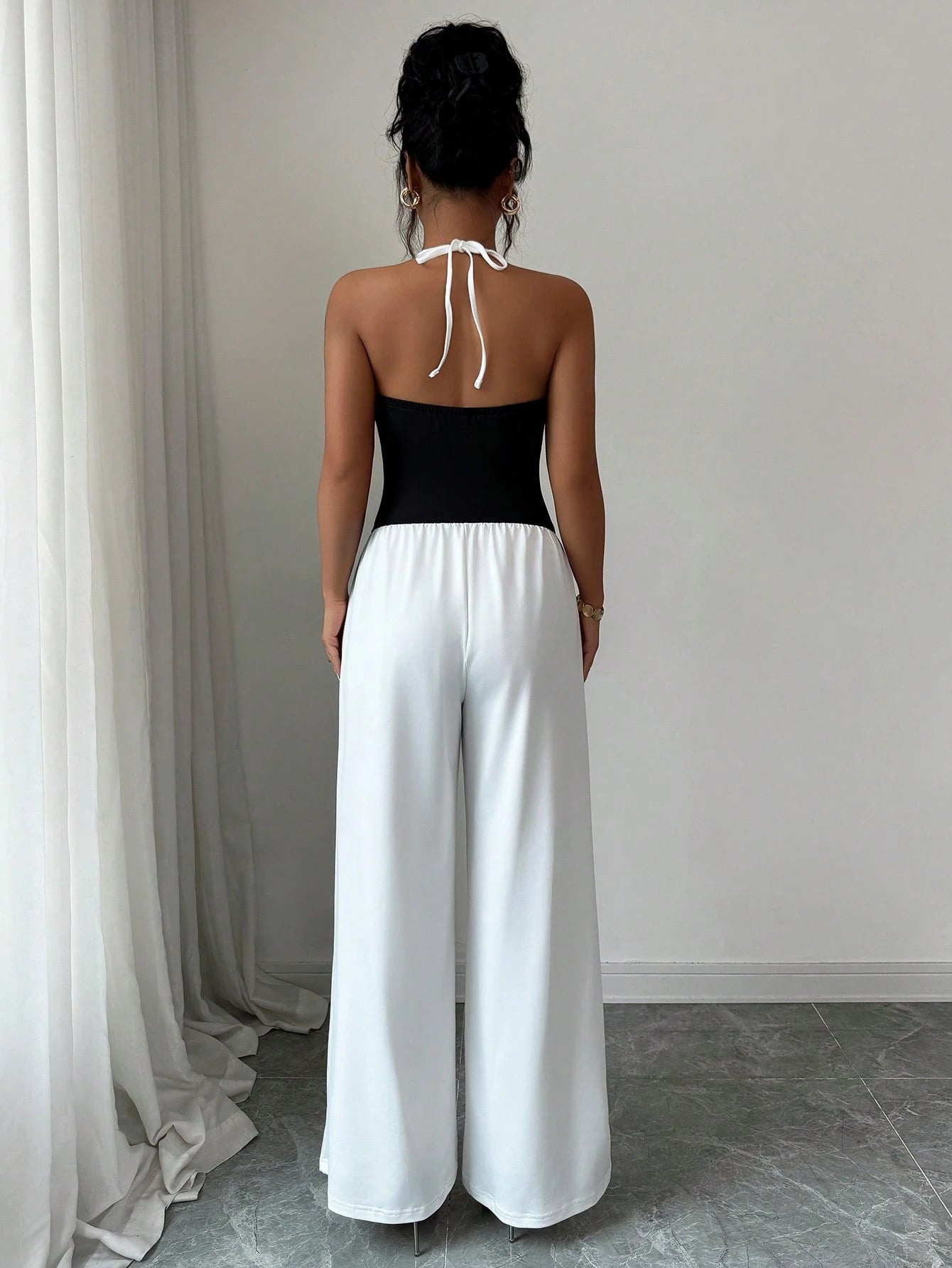 SHEIN Elenzga Sleeveless Halter Ruched Colorblock Elegant & Romantic Jumpsuit