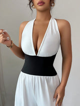 SHEIN Elenzga Sleeveless Halter Ruched Colorblock Elegant & Romantic Jumpsuit