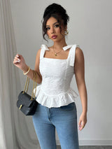 SHEIN Elenzga White Jacquard Cropped Lace-Up Top