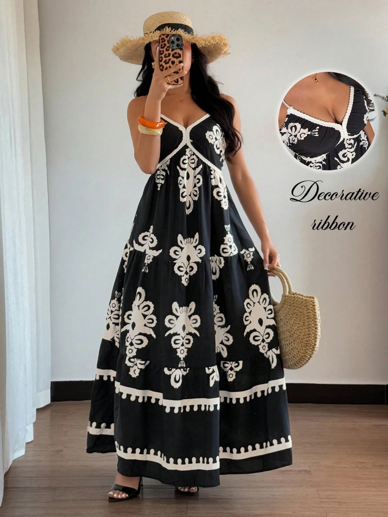 SHEIN Elenzga Women's Bohemia Style V-Neck Sleeveless Floral Print Ruffled Waist A-Line Dress