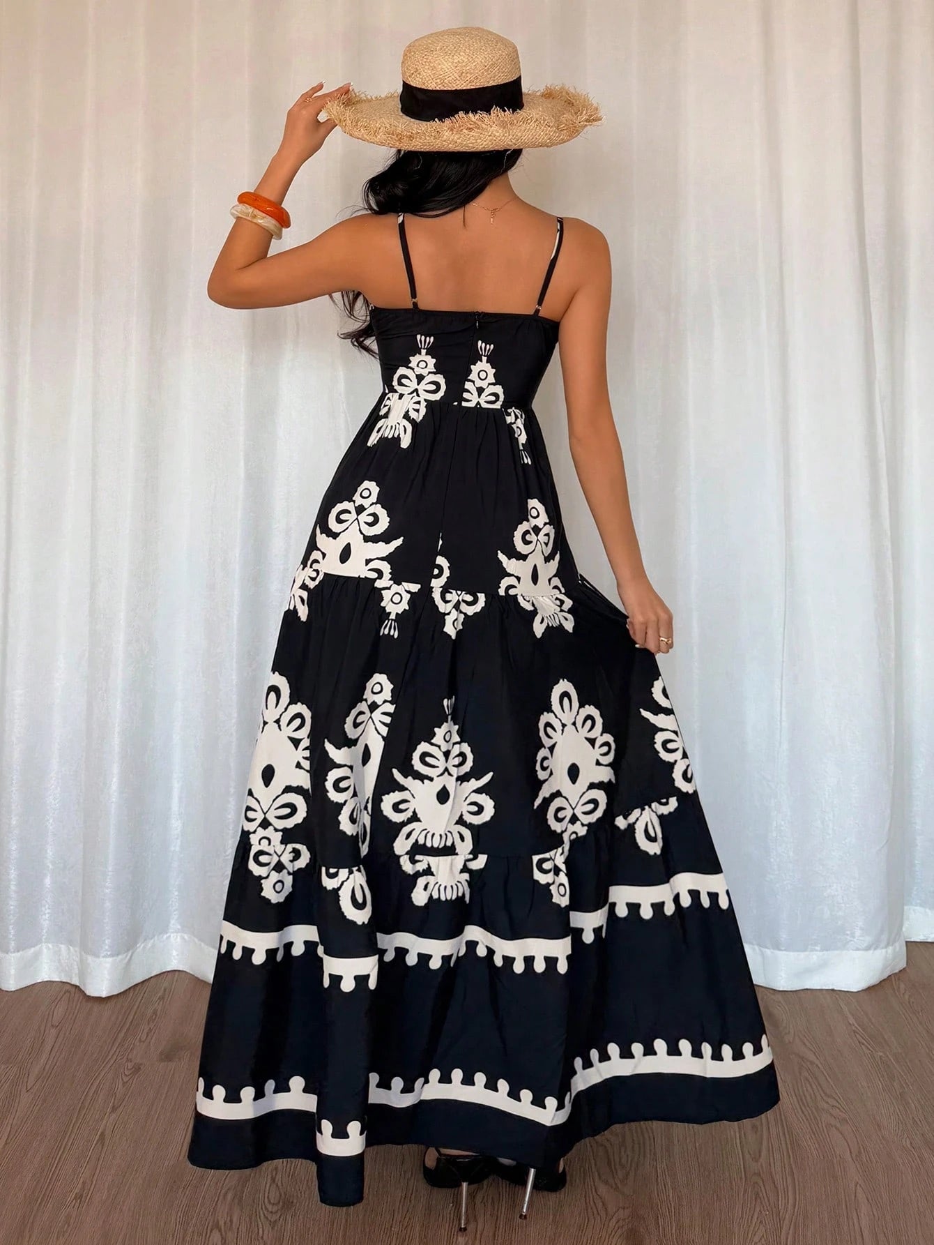 SHEIN Elenzga Women's Bohemia Style V-Neck Sleeveless Floral Print Ruffled Waist A-Line Dress