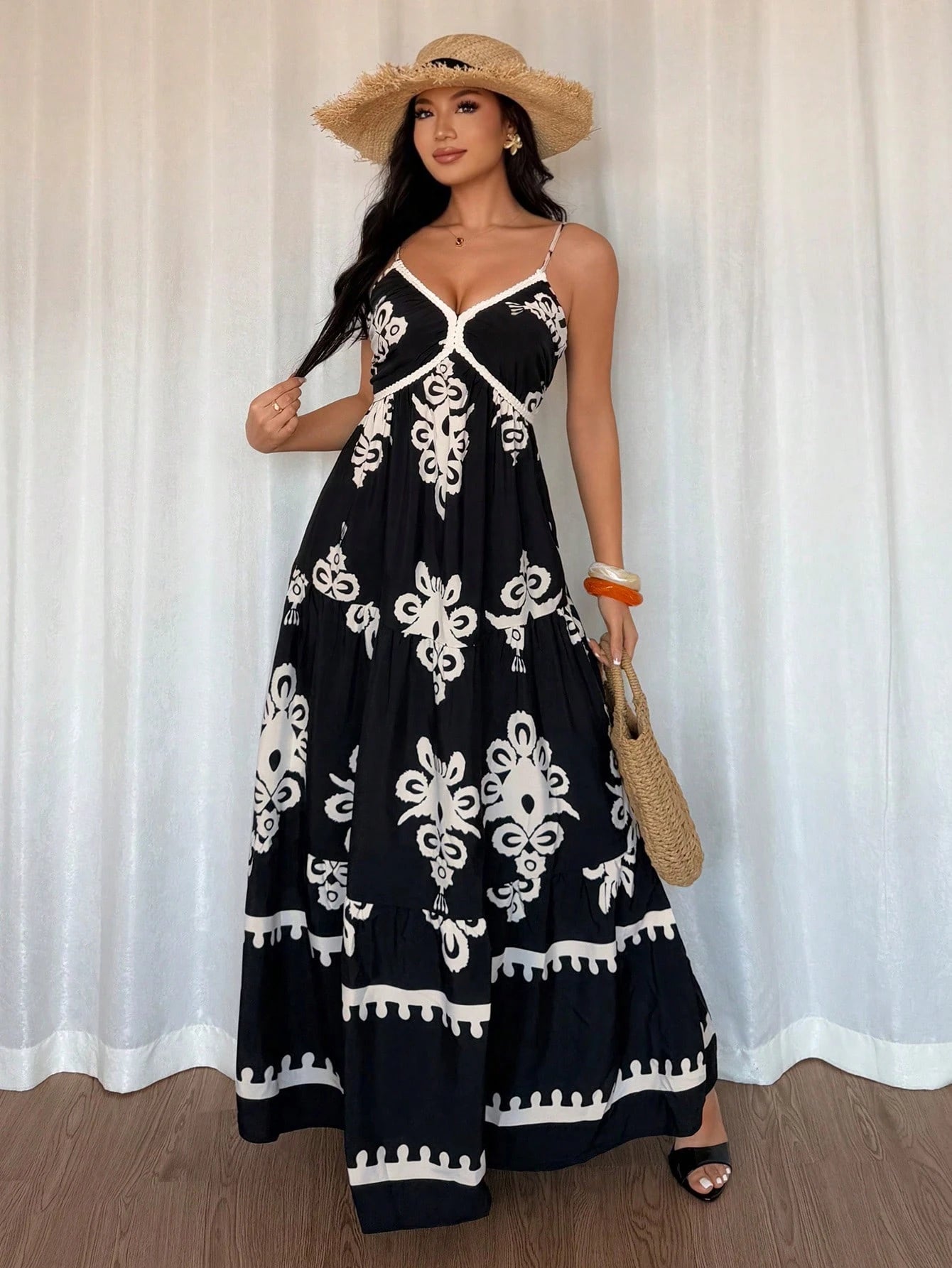 SHEIN Elenzga Women's Bohemia Style V-Neck Sleeveless Floral Print Ruffled Waist A-Line Dress