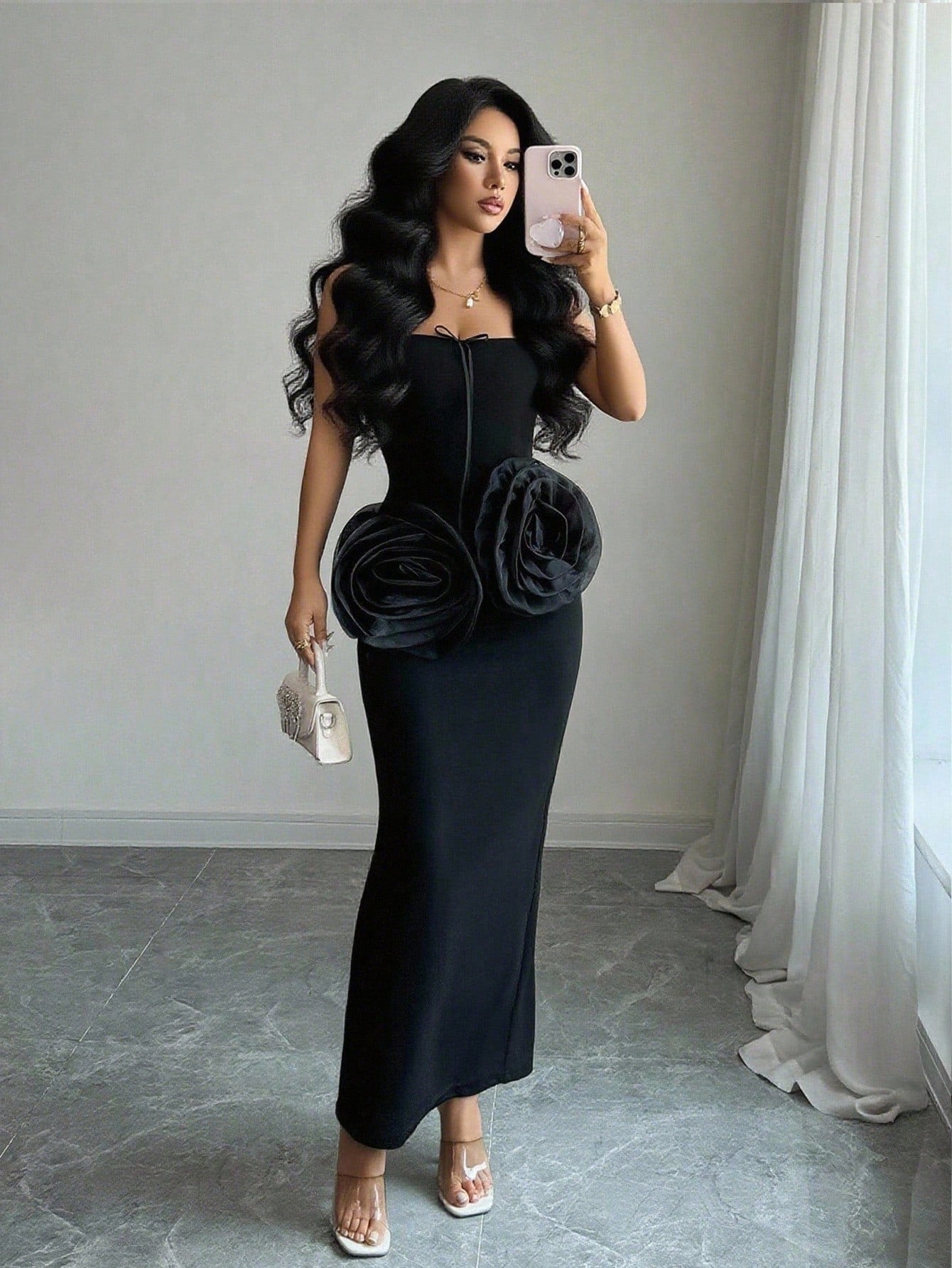 SHEIN Elenzga Women's Fitted Elegant Unique 3D Floral Ruffle Hem Dress