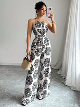 SHEIN Elenzga Women's Printed Cinching Waist Knot Cinched Waist Wide Leg Jumpsuit