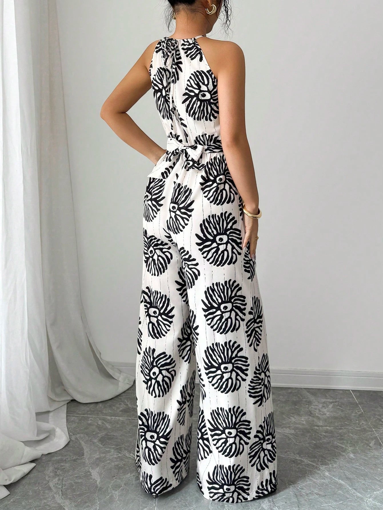 SHEIN Elenzga Women's Printed Cinching Waist Knot Cinched Waist Wide Leg Jumpsuit