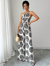 SHEIN Elenzga Women's Printed Cinching Waist Knot Cinched Waist Wide Leg Jumpsuit