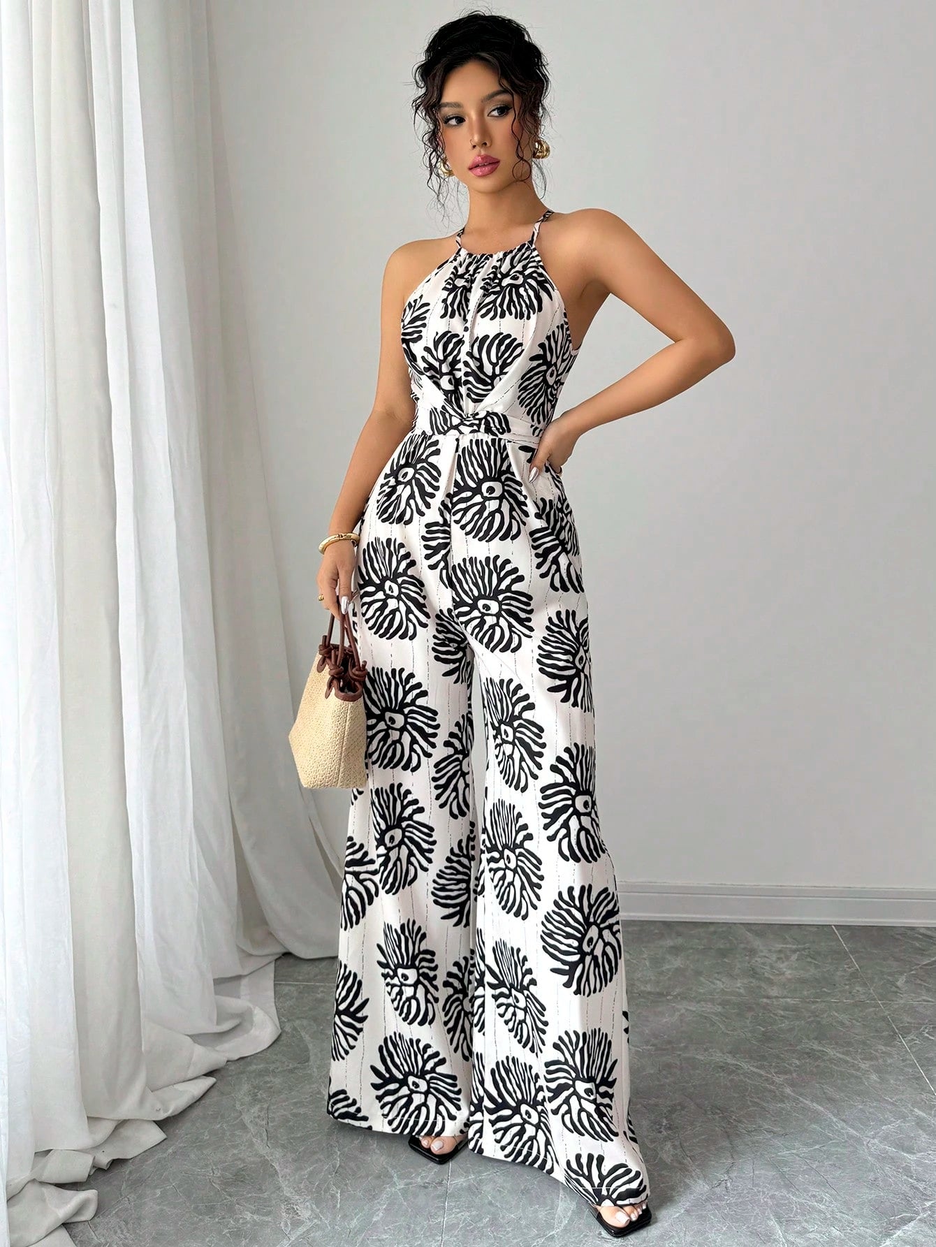 SHEIN Elenzga Women's Printed Cinching Waist Knot Cinched Waist Wide Leg Jumpsuit