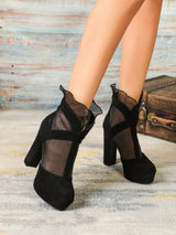 SHEIN Fall/Winter Women's Floral Mesh Round Toe Platform Ankle Boots In Elegant Black