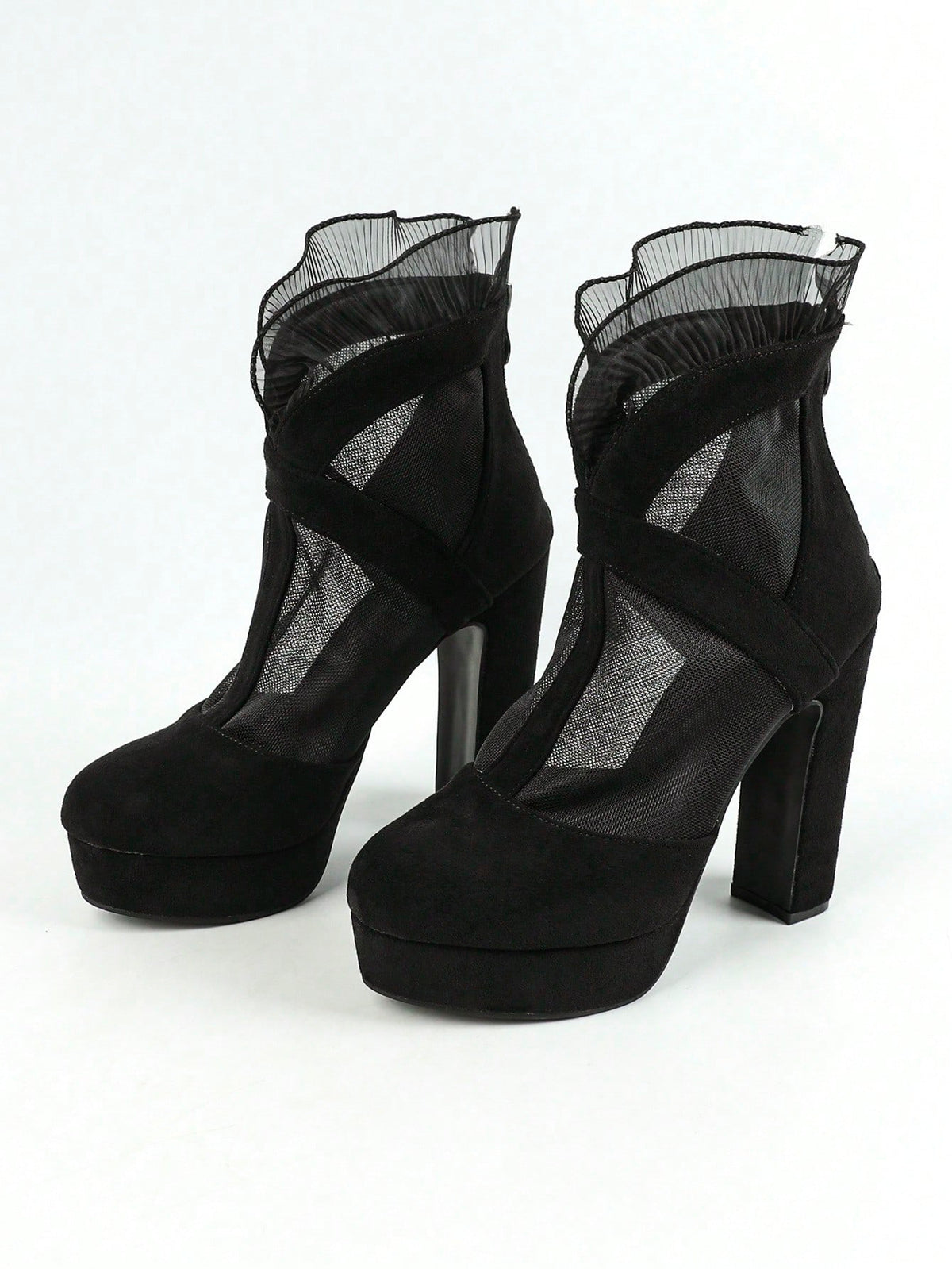 SHEIN Fall/Winter Women's Floral Mesh Round Toe Platform Ankle Boots In Elegant Black