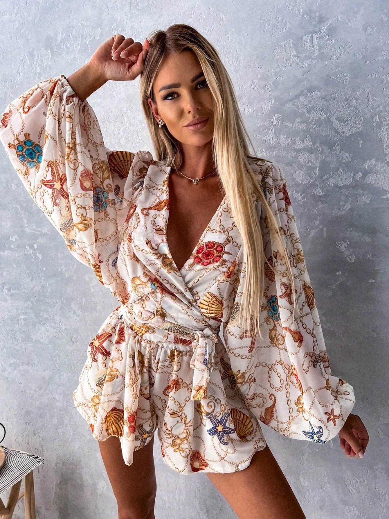 SHEIN Fashionable Flower Random Print V-Neck Long Sleeve Jumpsuit