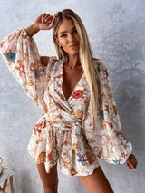 SHEIN Fashionable Flower Random Print V-Neck Long Sleeve Jumpsuit