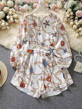 SHEIN Fashionable Flower Random Print V-Neck Long Sleeve Jumpsuit