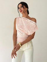 SHEIN Firerie Elegant Blush Pink Summer Women Asymmetrical Neck Lace Patchwork Draping Top, Wedding Ninang Off The Shoulder Holiday Daily Fashion Blouse