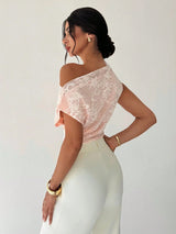 SHEIN Firerie Elegant Blush Pink Summer Women Asymmetrical Neck Lace Patchwork Draping Top, Wedding Ninang Off The Shoulder Holiday Daily Fashion Blouse