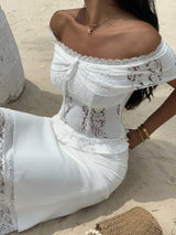 SHEIN Flirla Lace Patchwork Solid Color Off Shoulder Twist Sheer Elegant Short Sleeve Halter Reversible Top
