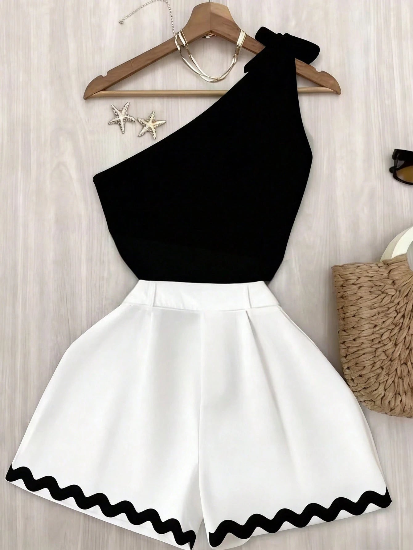 SHEIN Franclia 2 pcs/Set Black Asymmetric Neck Tie Strap Sleeveless Fitted Top + A-Line Ruffle Hem Pleated Shorts