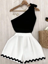 SHEIN Franclia 2 pcs/Set Black Asymmetric Neck Tie Strap Sleeveless Fitted Top + A-Line Ruffle Hem Pleated Shorts