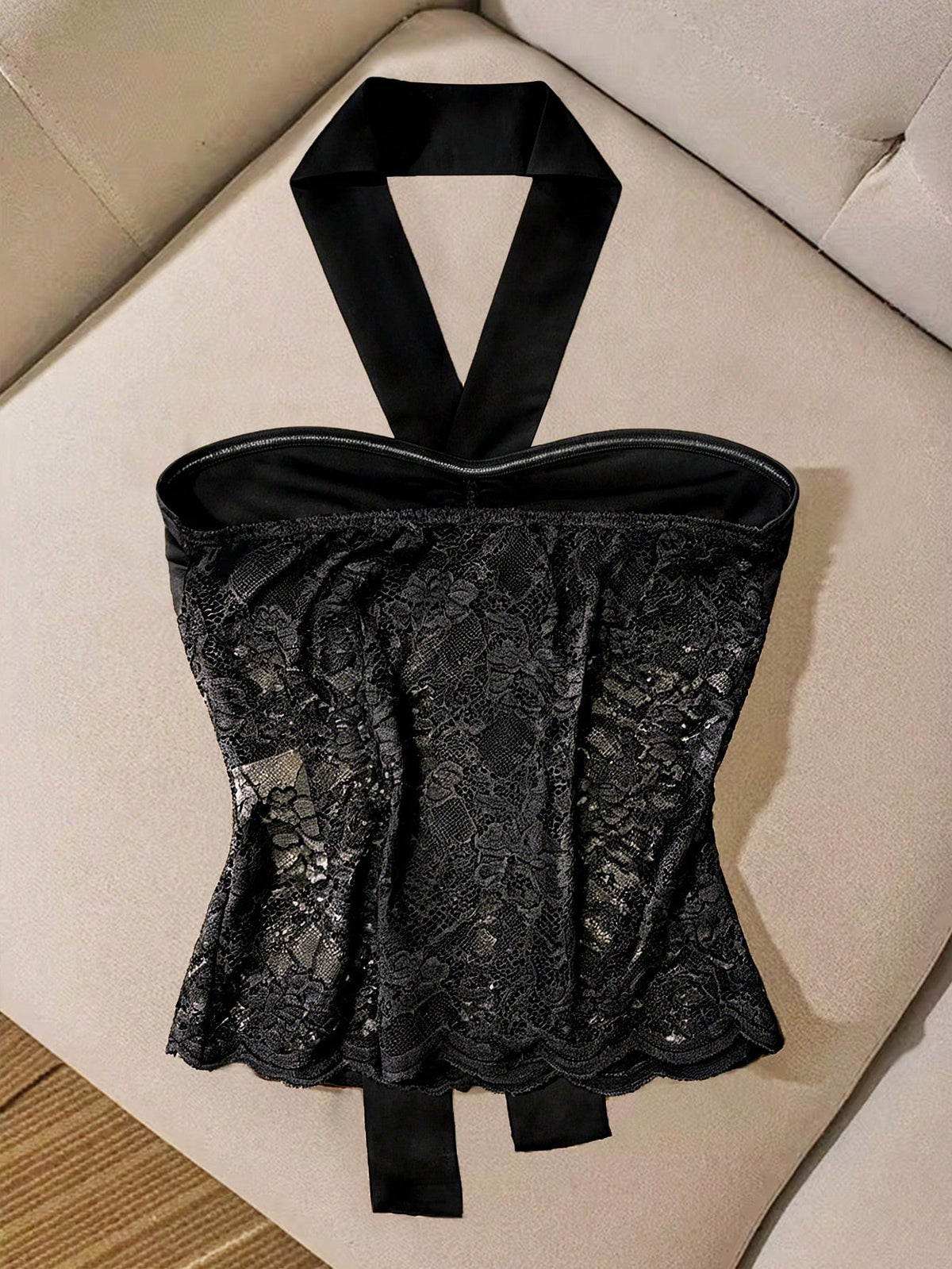 SHEIN Franclia Women's Contrast Lace Halter Neck Casual Sexy Top Night Out Black Summer
