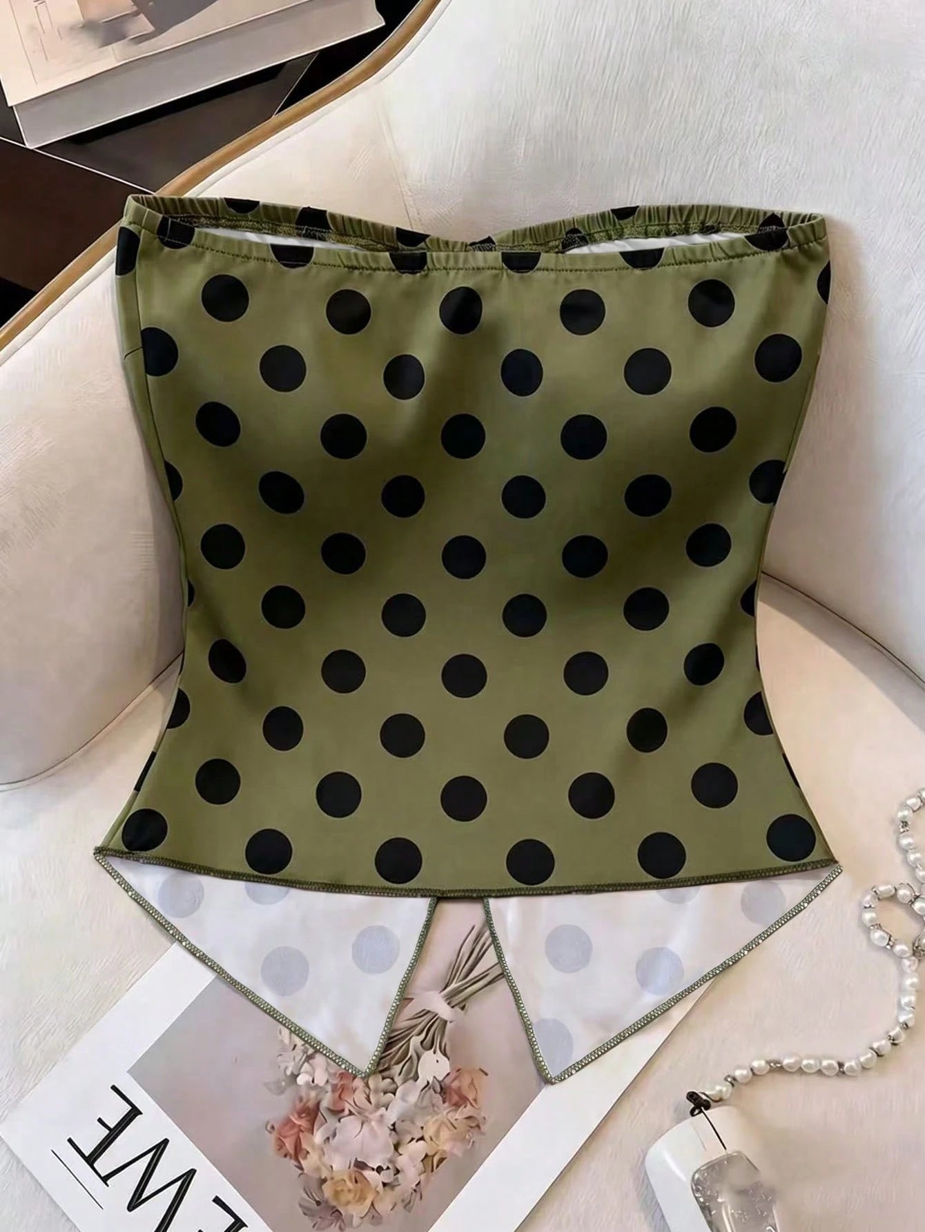 SHEIN Franclia Women's Green Polka Dot Twist Bandeau Crop Top