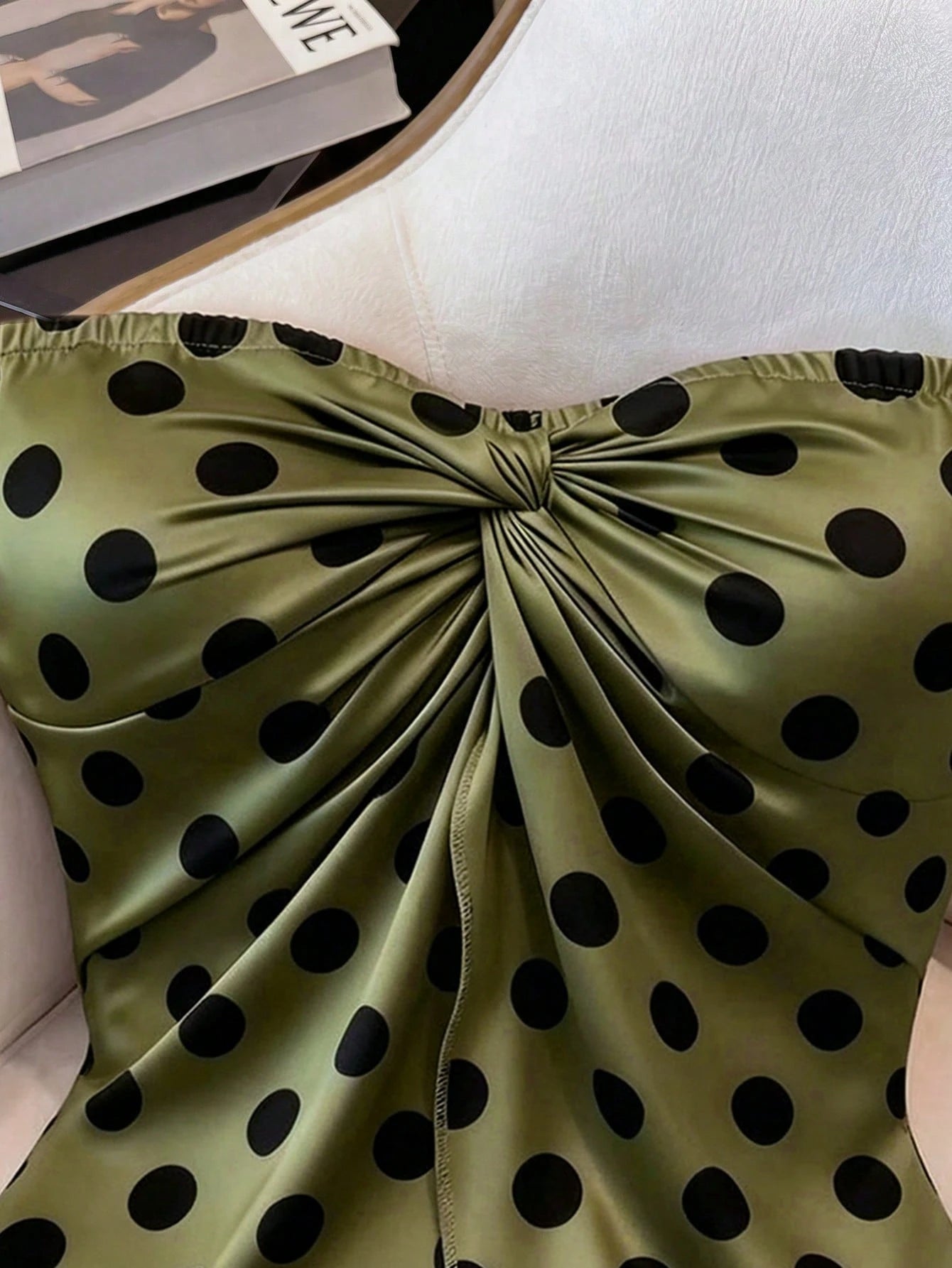 SHEIN Franclia Women's Green Polka Dot Twist Bandeau Crop Top