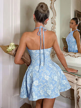 SHEIN Glamine Charm Elegant Light Blue Floral French Style Sleeveless Ruched Mini Dress For Women,Summer Date Banquet Tea Party Wedding Guest Birthday Graduation Outfit
