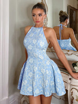 SHEIN Glamine Charm Elegant Light Blue Floral French Style Sleeveless Ruched Mini Dress For Women,Summer Date Banquet Tea Party Wedding Guest Birthday Graduation Outfit