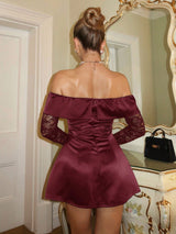 SHEIN Glamine Charm Glamour Women's Elegant Off-Shoulder Lace Splice Mini Satin Dress
