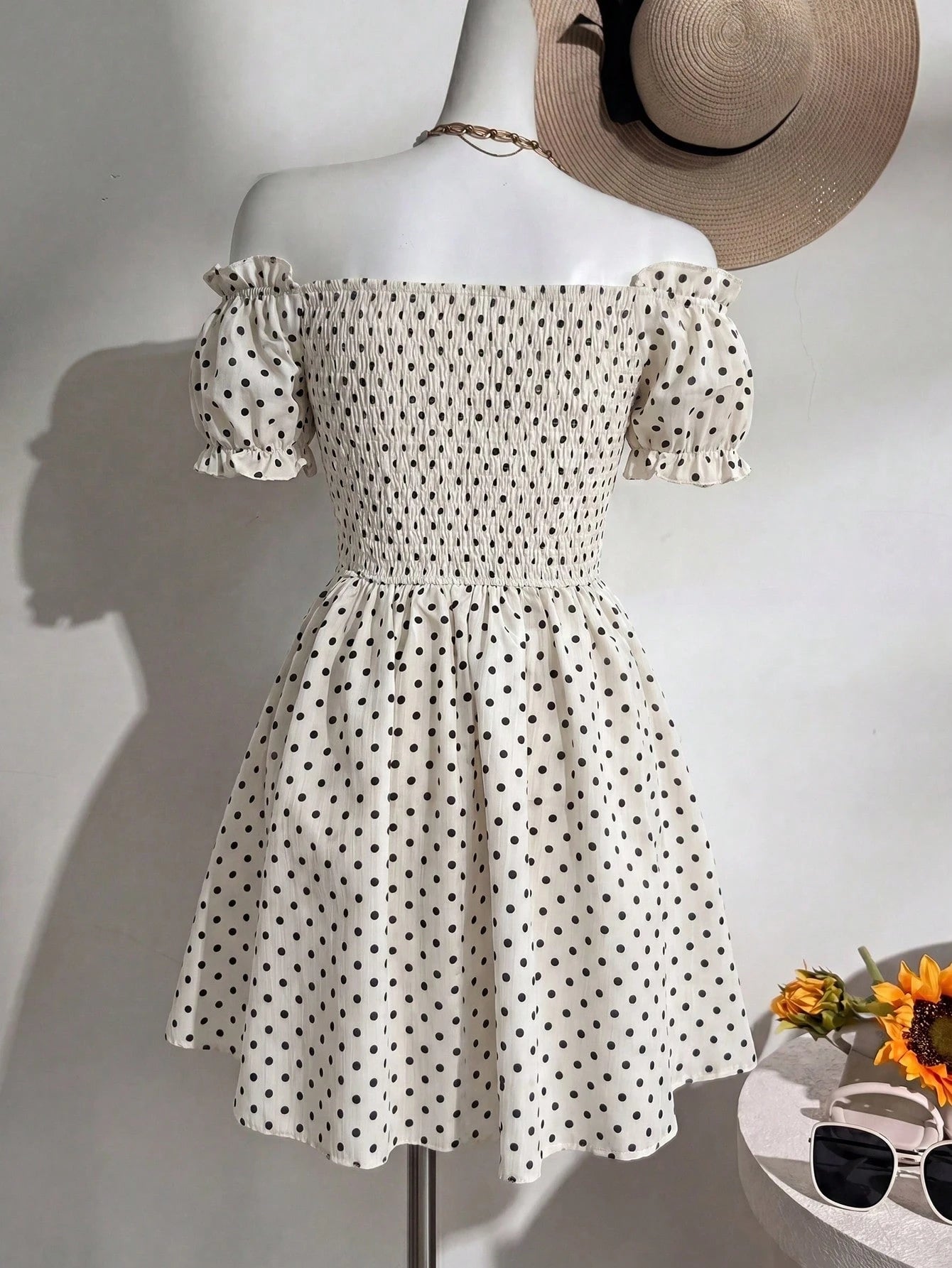 SHEIN Glamine Charm Off Shoulder Polka Dot Ruffle Mini Dress